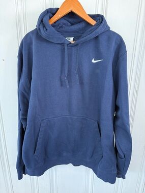 Nike Men's cotton Navy Pullover Hoodie with White Swoosh